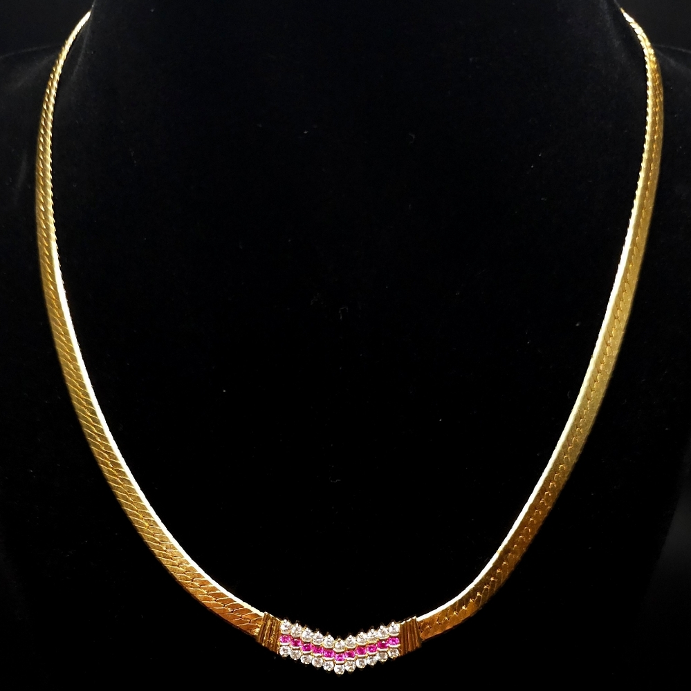Gold plated diamond & ruby crystal necklace.